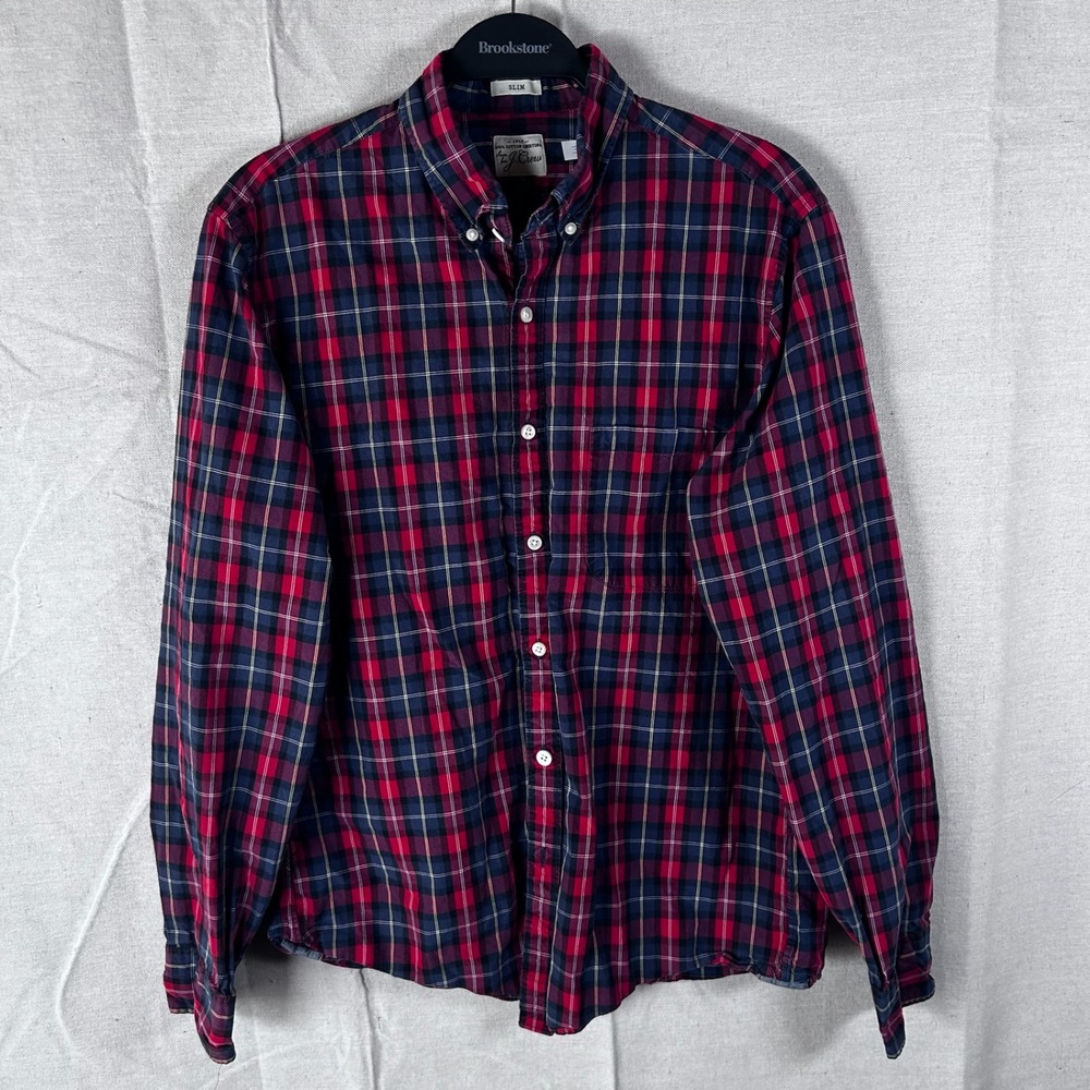 J. Crew Mens Slim Fit Plaid Button Down Shirt Red Navy Blue Cotton Medium M